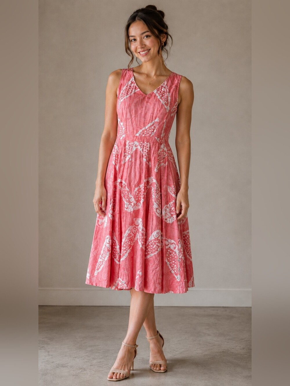 Tory Burch Helen Batik Dress Size 4 Salmon Pink & White
